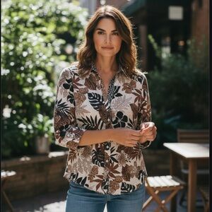 Cino Tropical Floral Print Button Down Top XS